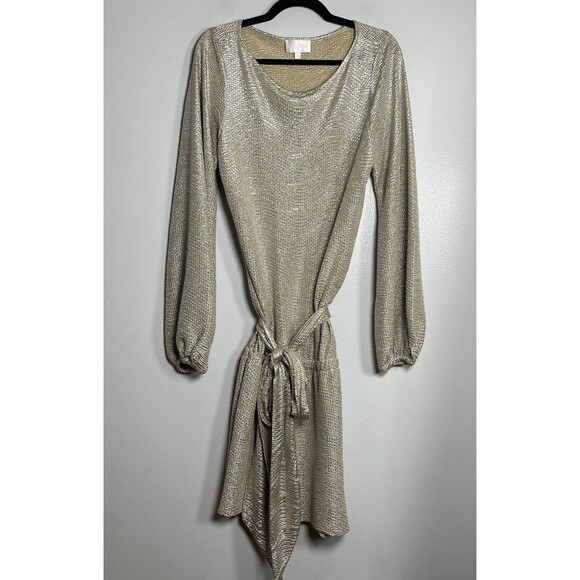 ALEXIS Crinkle Drop Waist Mini Dress Small Gold Party Holiday Tie Balloon Sleeve - Picture 1 of 9